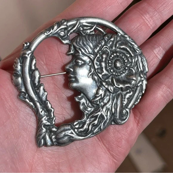 Antique Art Nouveau Art Deco Silver Lady Face Victorian Brooch Fairycore - Picture 13 of 15